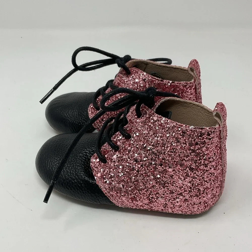 Monkey Feet Shoes Boots Baby Toddler 18-24 M Pink Glitter Black Leather Lace Up